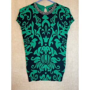 INC Embellished Neck Top Damask Print Short Sleeve Knit Top Green‎ Black S